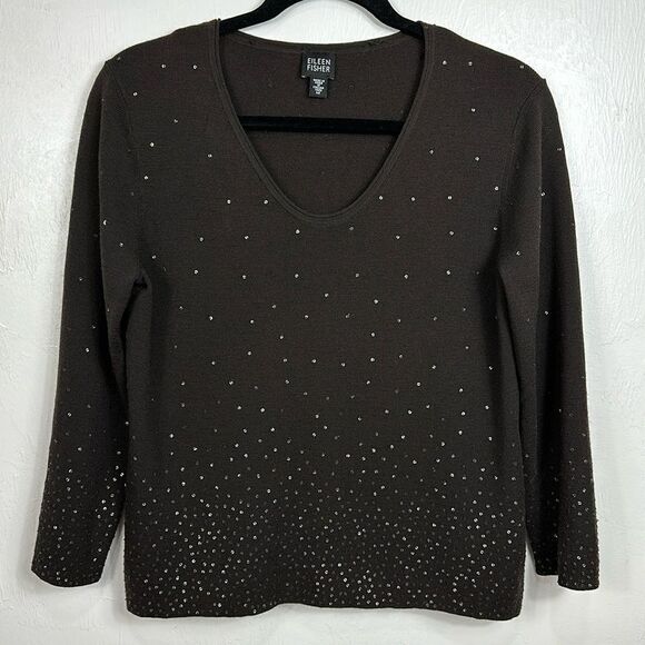 EILEEN FISHER Chocolate Brown Merino Wool Sequin-Accent Sweater Size M - Picture 1 of 8